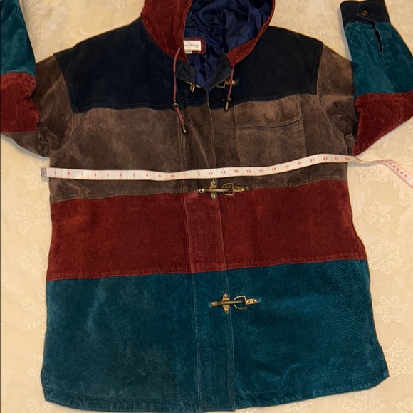 1980’s Vintage Colorblock Leather Suede Fireman Coat Hoodie Metal Clasps… - Picture 11 of 17